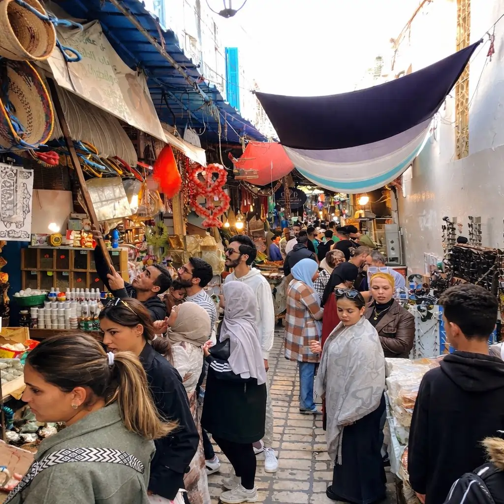 people walking inside the medina bazaar walls in Tunisia