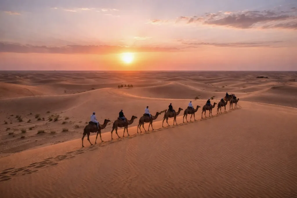 Camel caravan in the Sahara desert at sunset in Tunisia