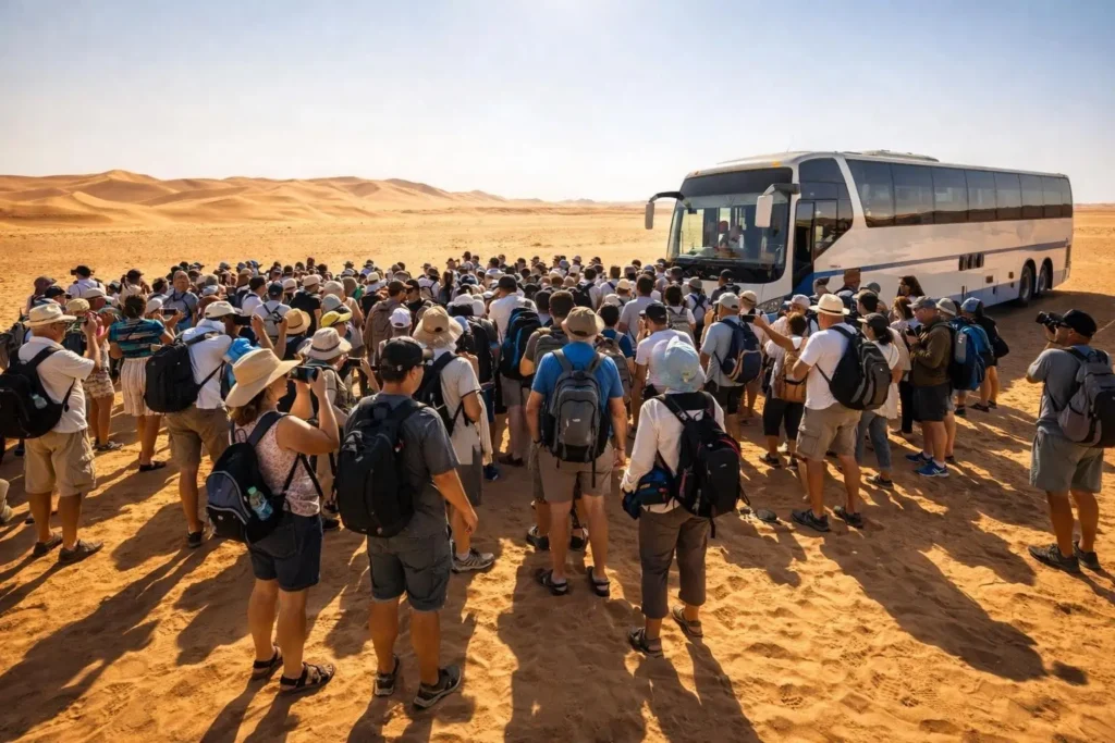 Large group of tourists around a tour bus during a group tour in the Sahara desert Tunisia