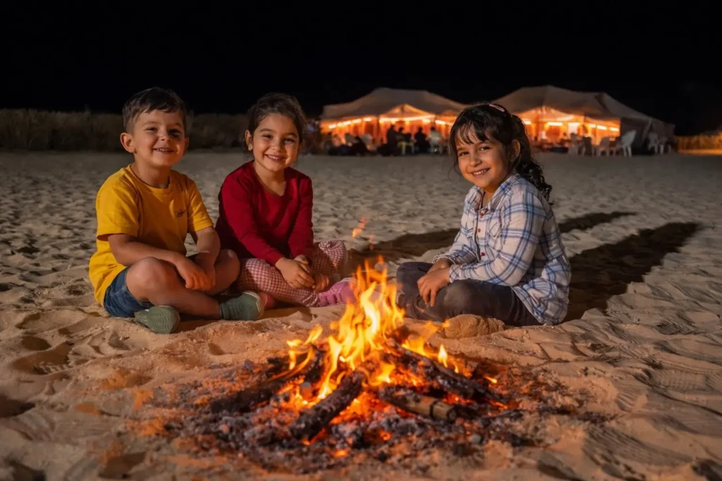 What to wear in spring: Children wearing long sleeves near a campfire during a spring evening in the Sahara desert.