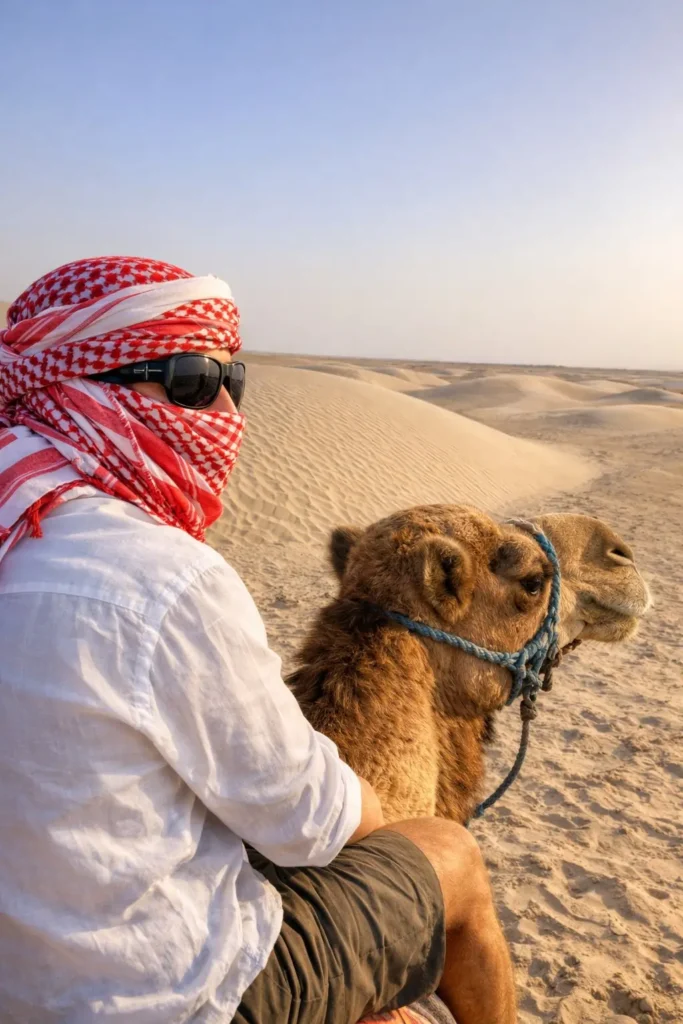 What to wear: Tourist with a traditional Sahara scarf and sunglasses during a camel ride in Tunisia.