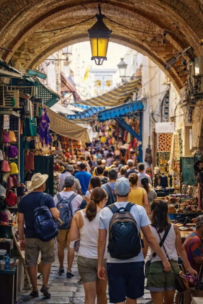 What to buy in Tunisia – busy Medina of Tunis market with local shops and tourists