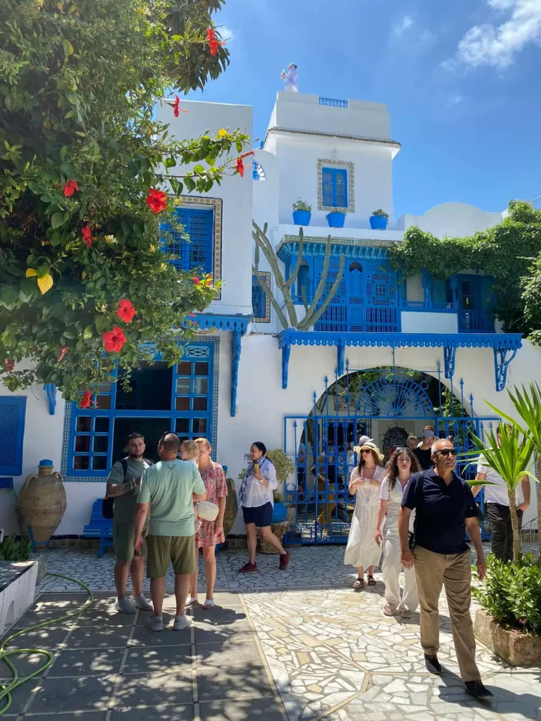 Tourists visiting the blue and white village of Sidi Bou Said near Tunis Tunisia