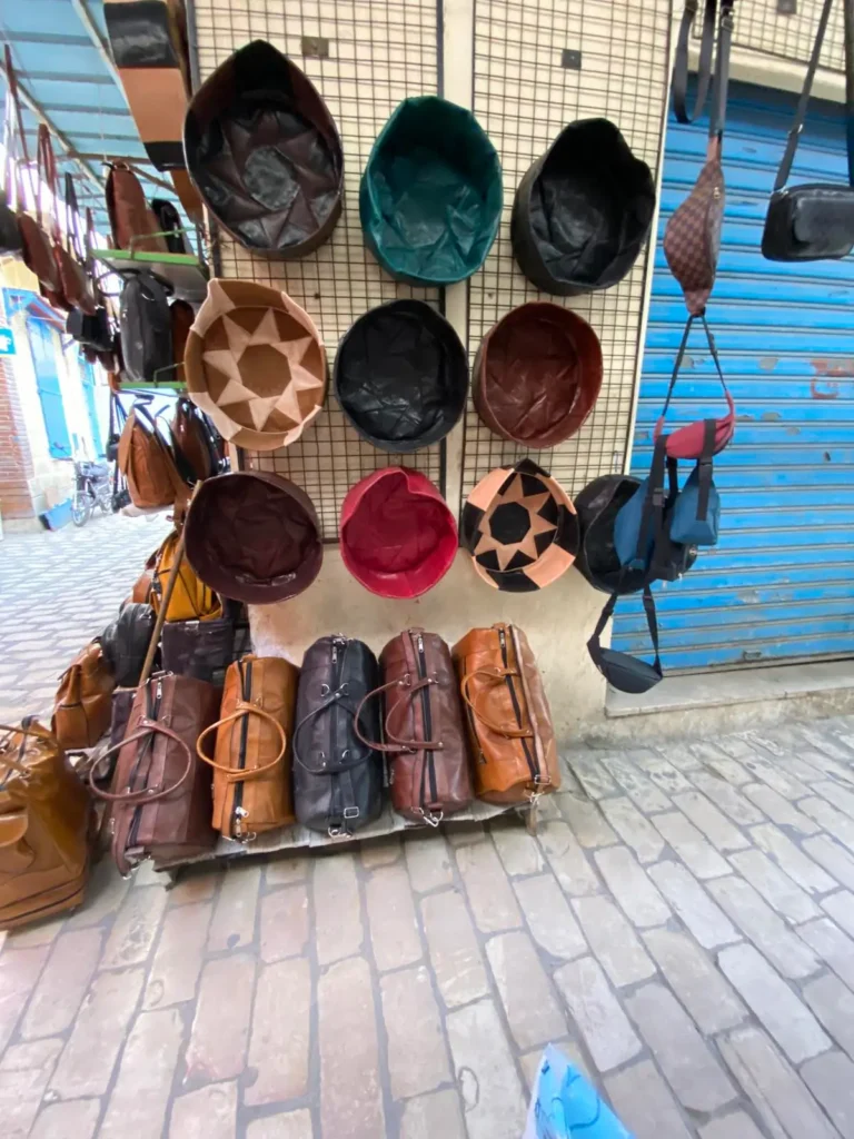 What to buy in Tunisia – traditional leather bags and handmade camel leather products in Medina market