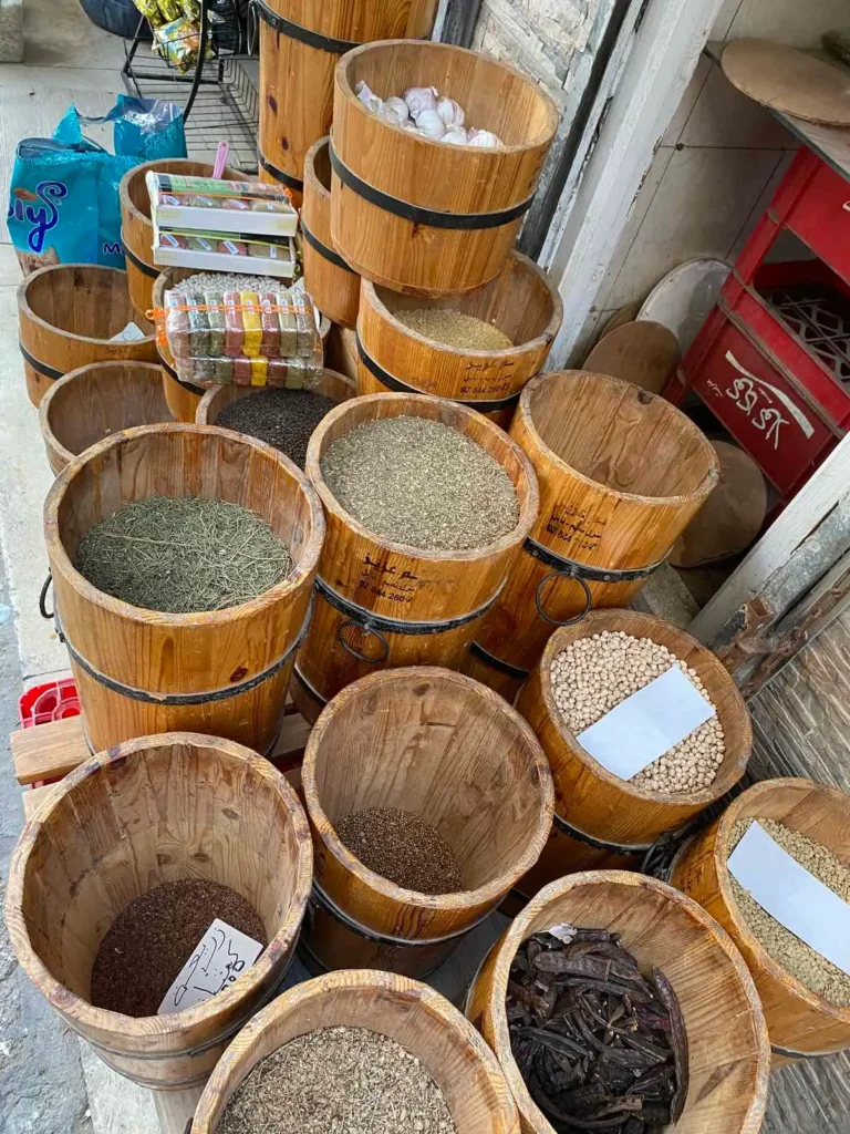 What to buy in Tunisia – traditional Tunisian spices and herbs displayed in Medina souk