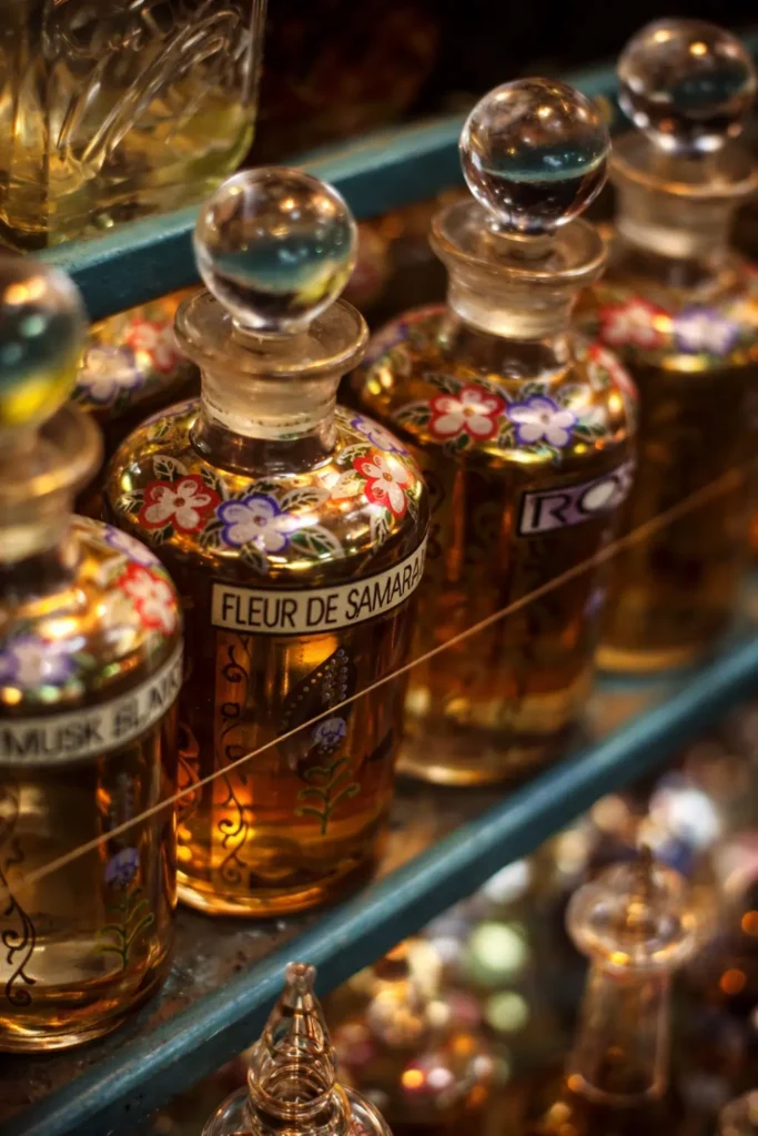 What to buy in Tunisia – traditional perfume bottles with jasmine and amber oils in Tunis souk