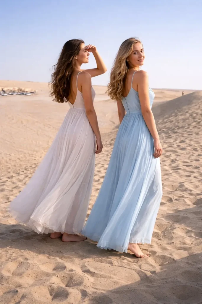What to wear for the best Sahara photos: White and light blue dresses for perfect contrast with desert dunes.
