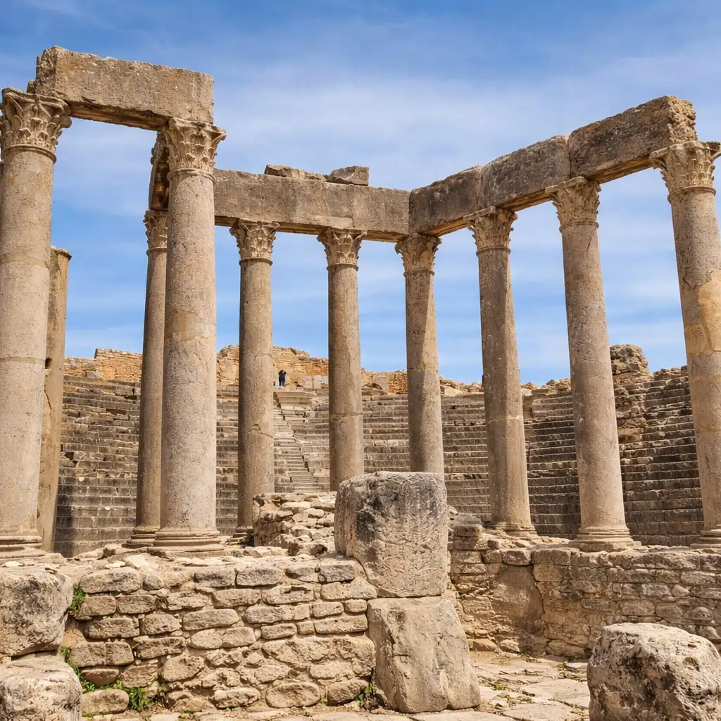 Ancient Roman ruins in Dougga Tunisia with temple and stone structures under natural daylight