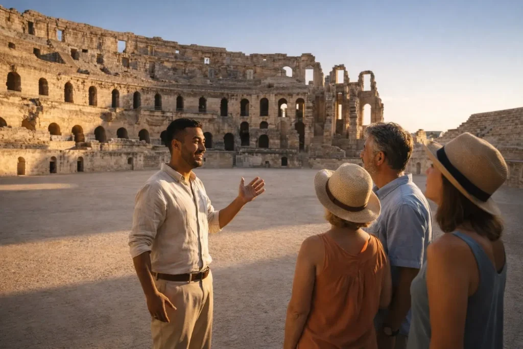 is it easy to book tours in tunisia el djem colosseum private tour guide explaining roman amphitheatre