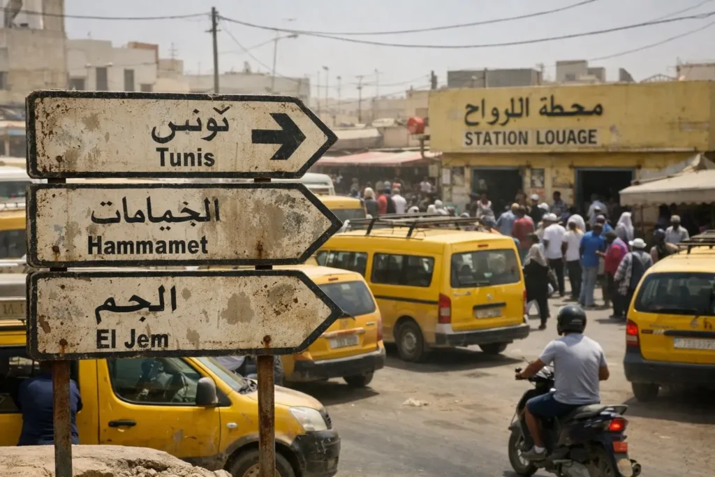 independent travel Tunisia transport system louage station busy street scene