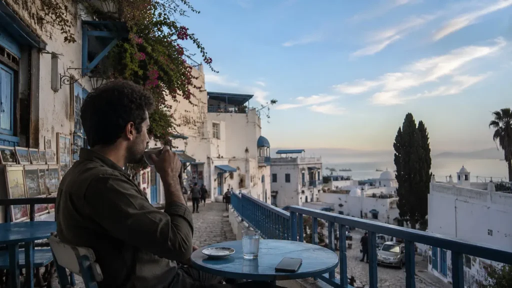 Relaxing coffee break in Sidi Bou Said during Tunisia holiday