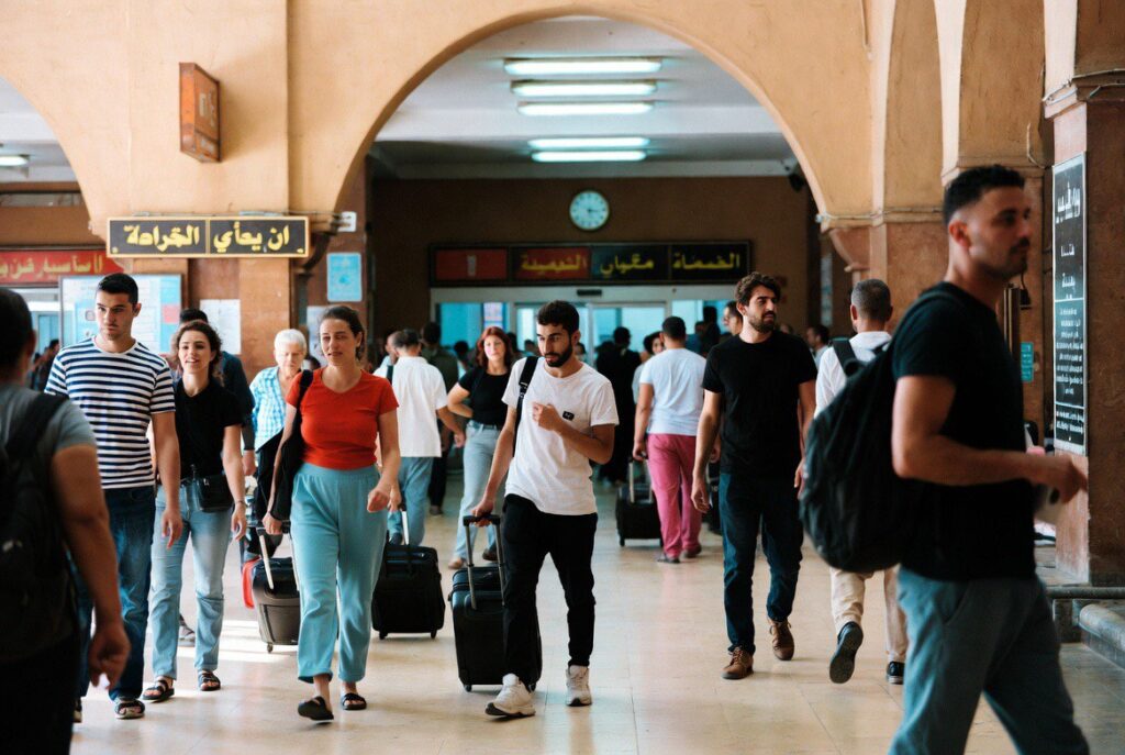 Tired tourists arriving in Tunisia after late night airport transfer