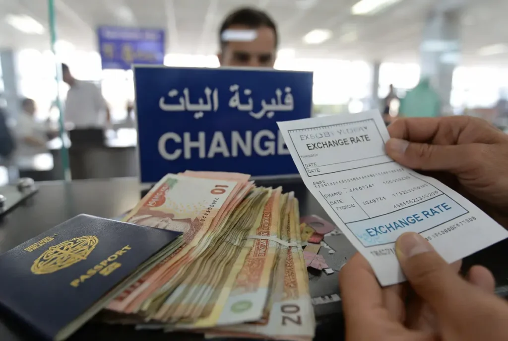 Tourists exchanging Tunisian dinars after arrival in Tunisia