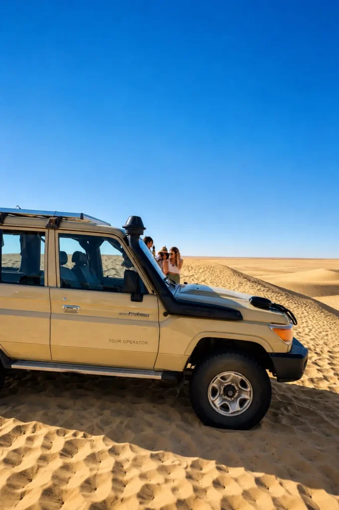4x4 jeep driving across Sahara sand dunes during a private tour in Tunisia